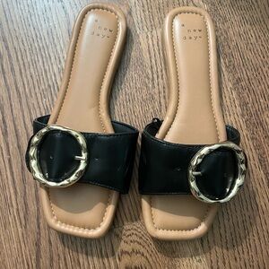 A New Day Black and Gold Buckle Slide Sandals